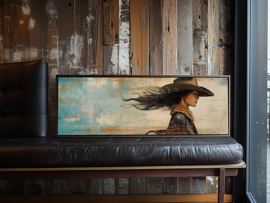 Cowgirl Portrait Flowing Hair Cowboy Hat Turquoise Sky Wall Poster - Image 6