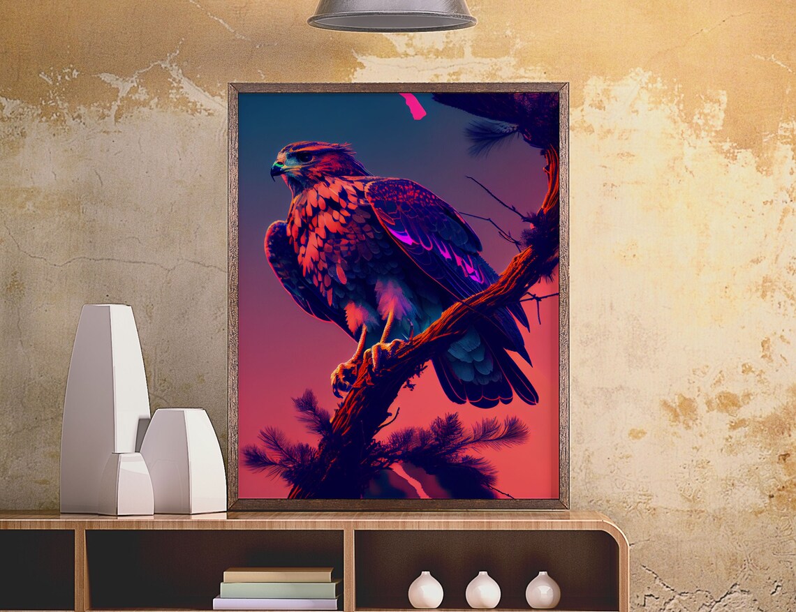 Hawk Perched on Branch, Purple Sunset Art Print - Image 3