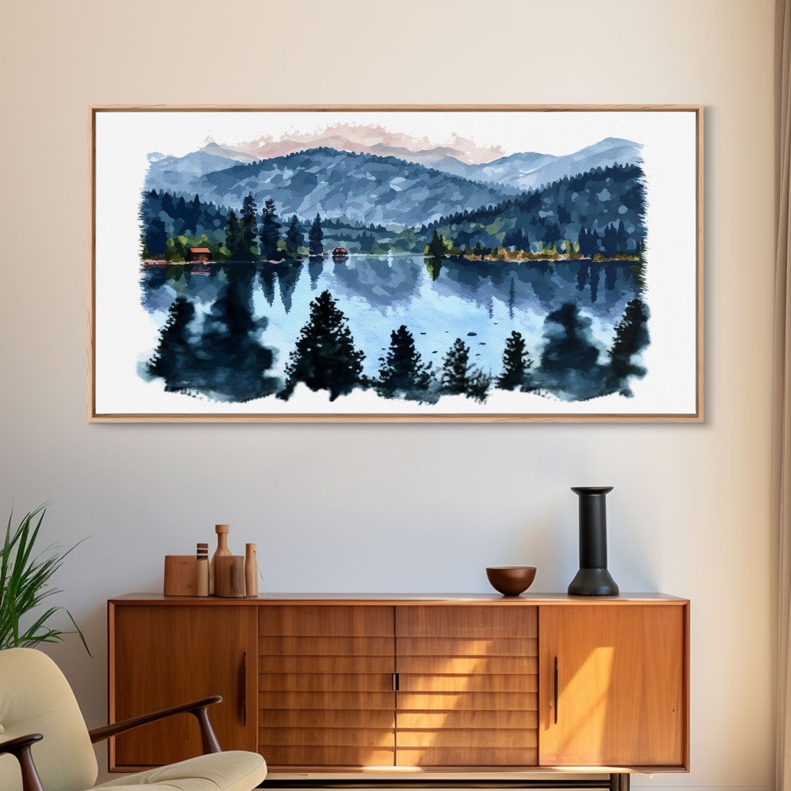 Mountain Lake Cabins Pine Reflections Watercolor Alpine Scenery Poster