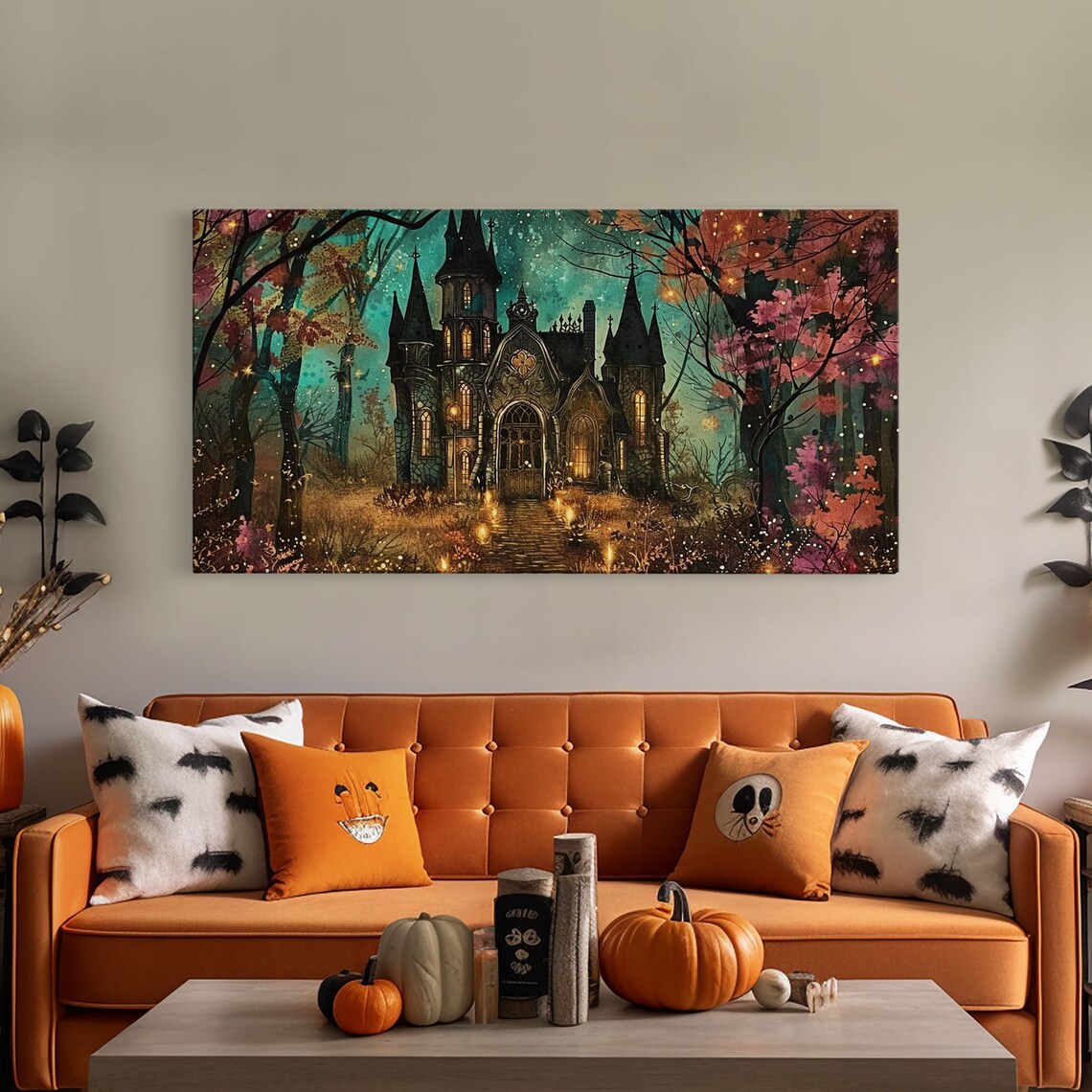 Haunted Gothic House Autumn Woods Glowing Windows Spooky Halloween Wall Art - Image 4