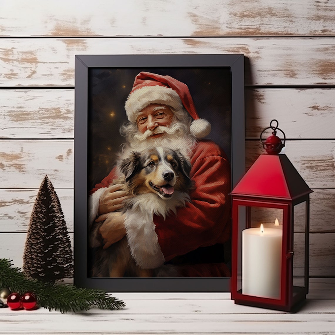 Santa Claus Hugging Australian Shepherd Puppy Christmas Poster - Image 5