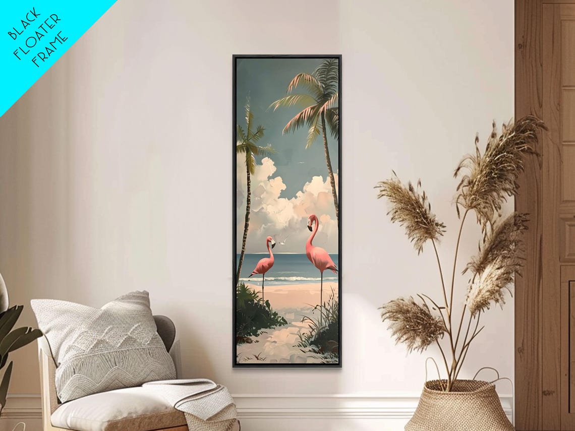 Pink Flamingos Tropical Beach Sunset Palms Retro Coastal Art Poster - Image 3