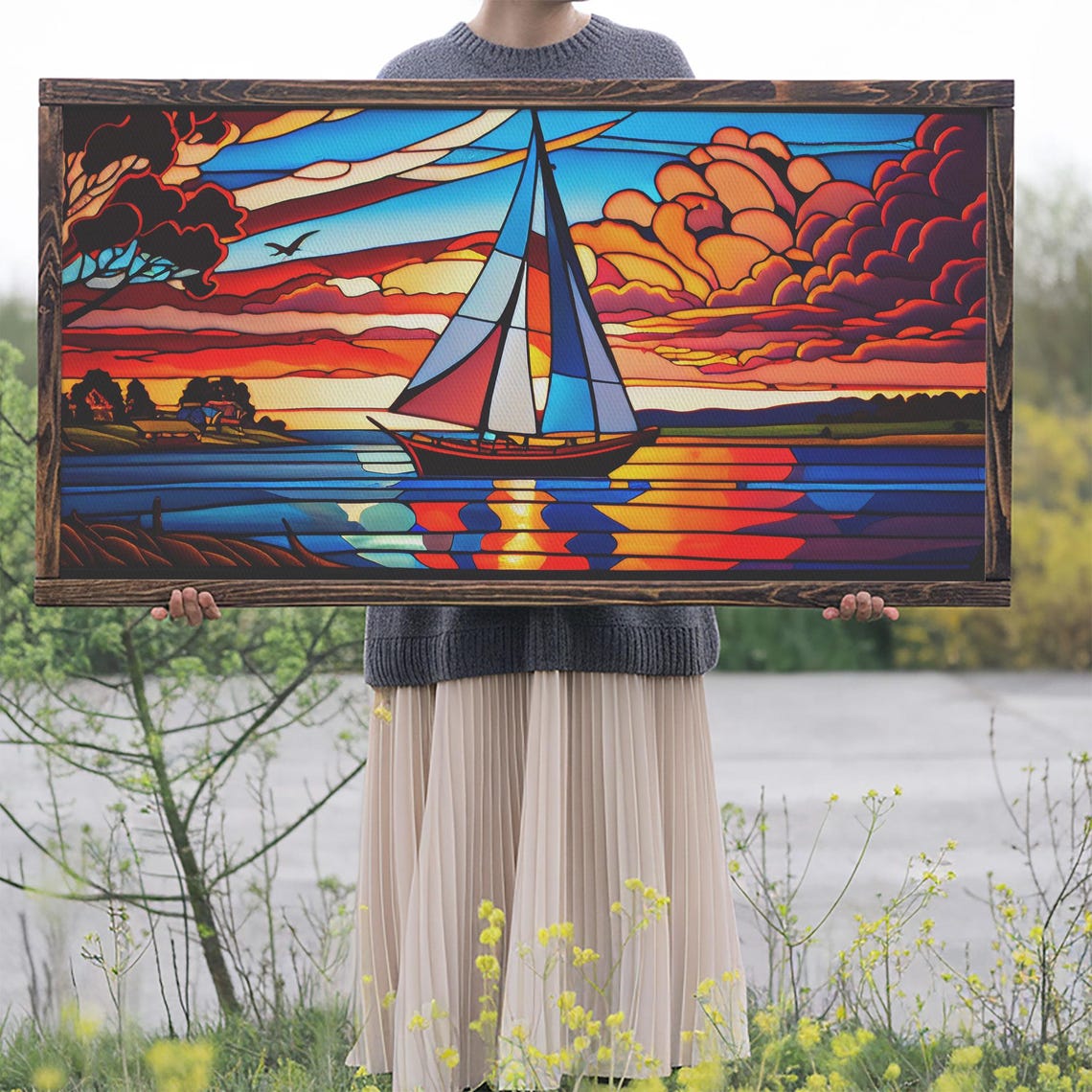 Stained Glass Sailboat Sunset Vibrant Orange Red Blue Nautical Poster - Image 2