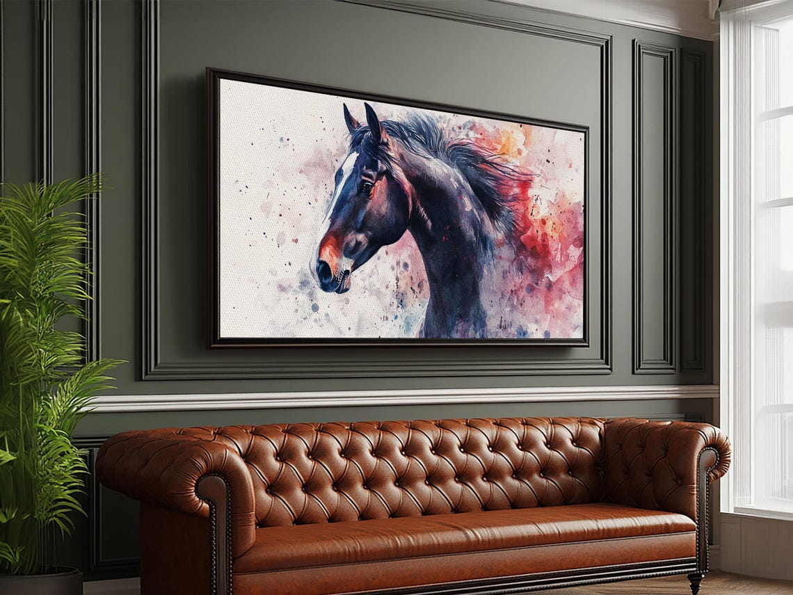 Dark Horse Head Watercolor Splash Equestrian Art Rustic Wall Poster - Image 3