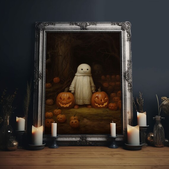 Cute Little Boo Ghost In Pumpkin Patch With Jack O Lanterns Poster