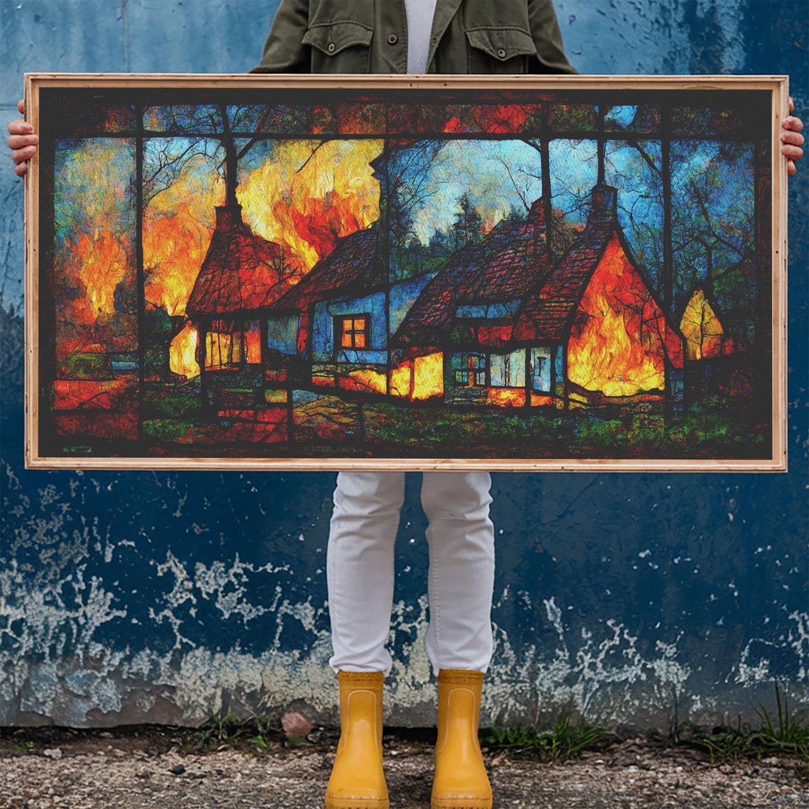 Stained Glass Cottage On Fire Night Scene Bold Fiery Gothic Art Poster - Image 6