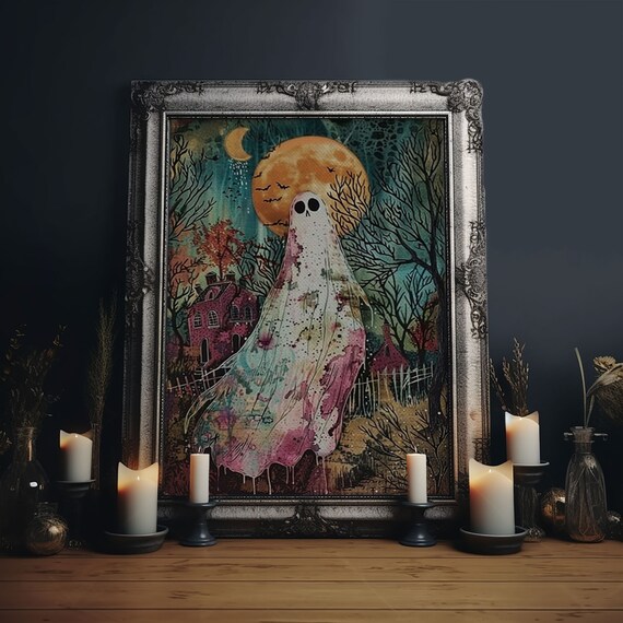 Ghost Under Full Moon Haunted Forest Houses Halloween Art Poster