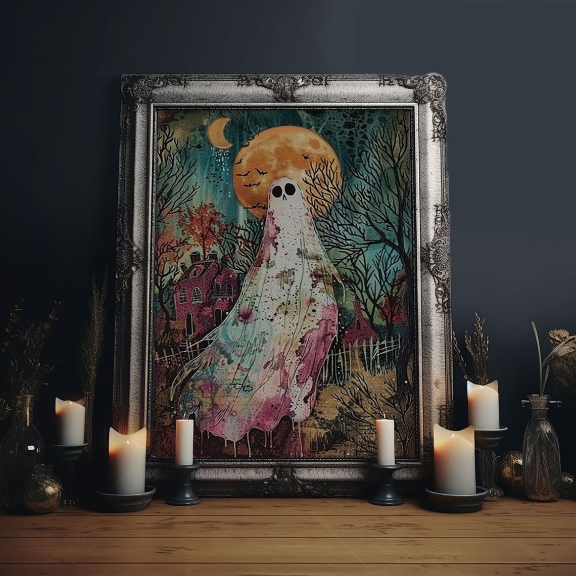 Ghost Under Full Moon Haunted Forest Houses Halloween Art Poster
