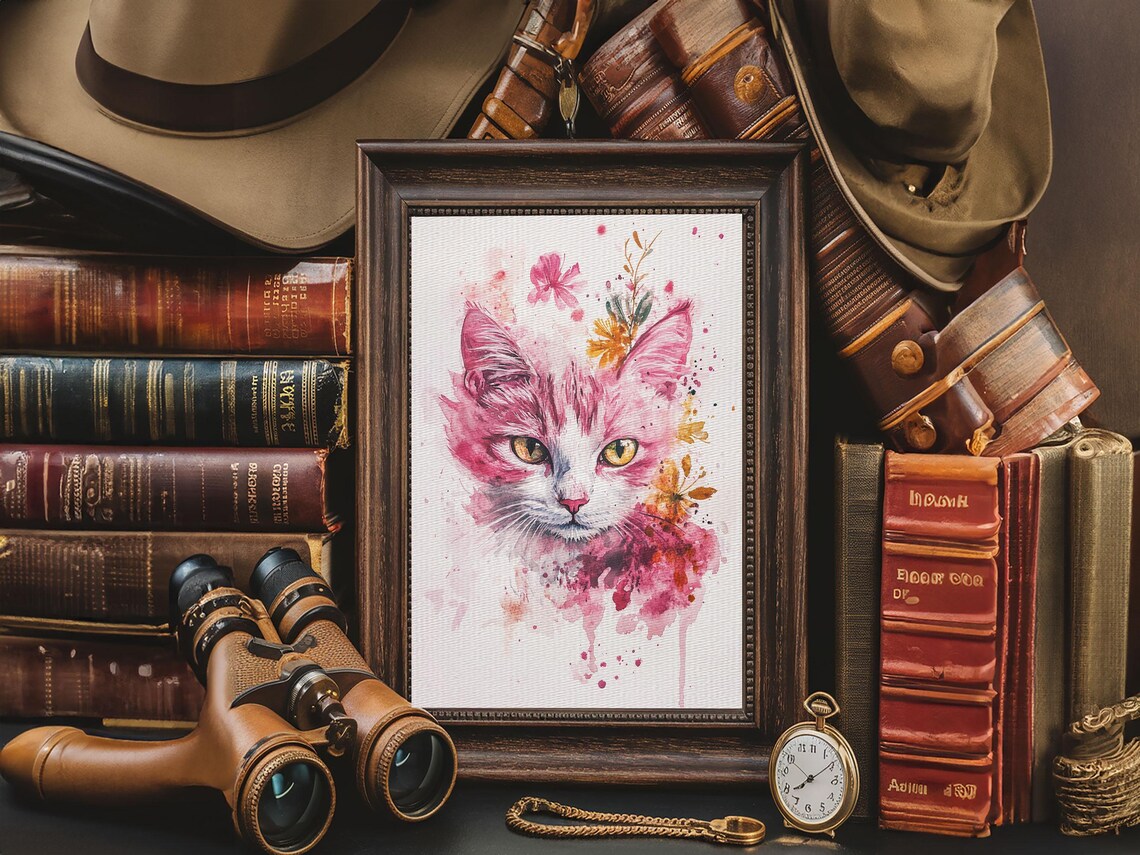 Watercolor Cat Face with Pink Floral Splashes Art Print Animal Wall Poster - Image 2