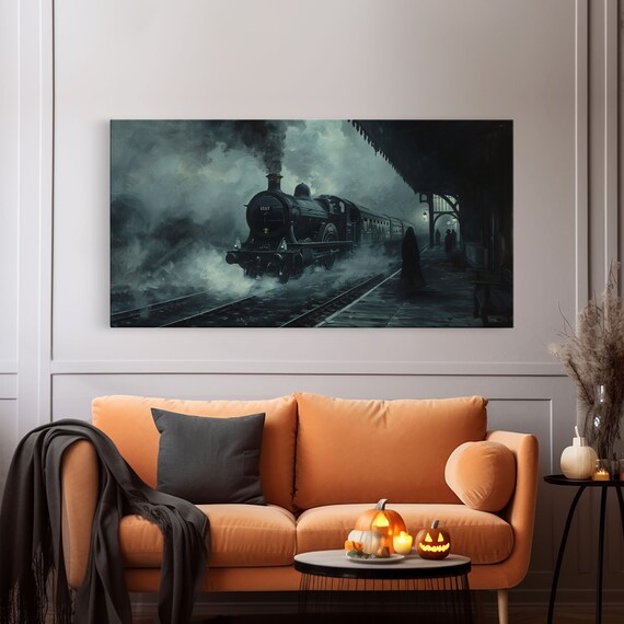 Haunted Steam Train Arriving At Dark Station Spooky Halloween Print