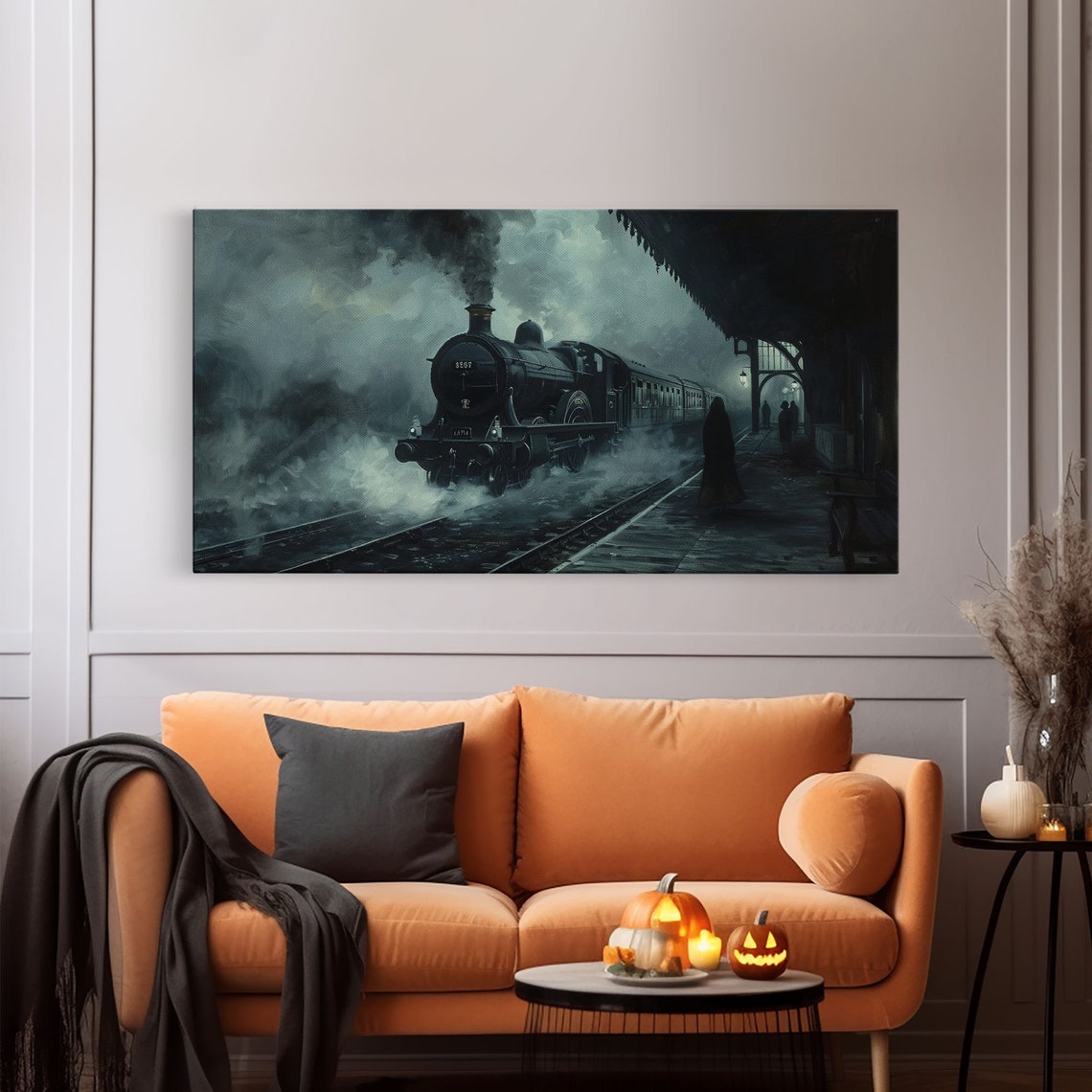 Haunted Steam Train Arriving At Dark Station Spooky Halloween Print