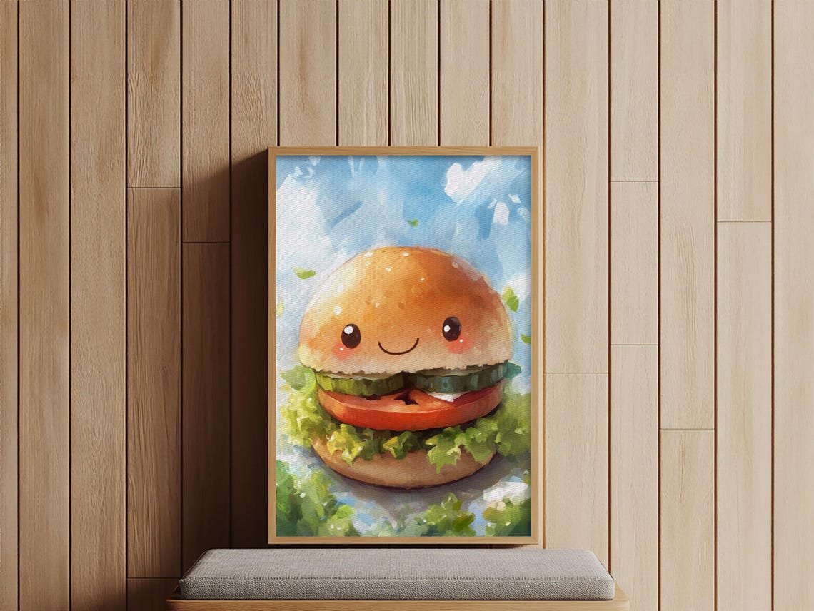 Kawaii Smiling Hamburger Cute Watercolor Kitchen Wall Art Print - Image 6
