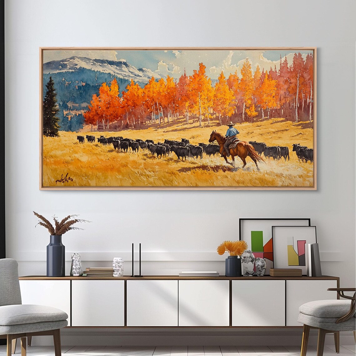 Cowboy Herding Cattle Under Mountains, Western Art Print - Image 2