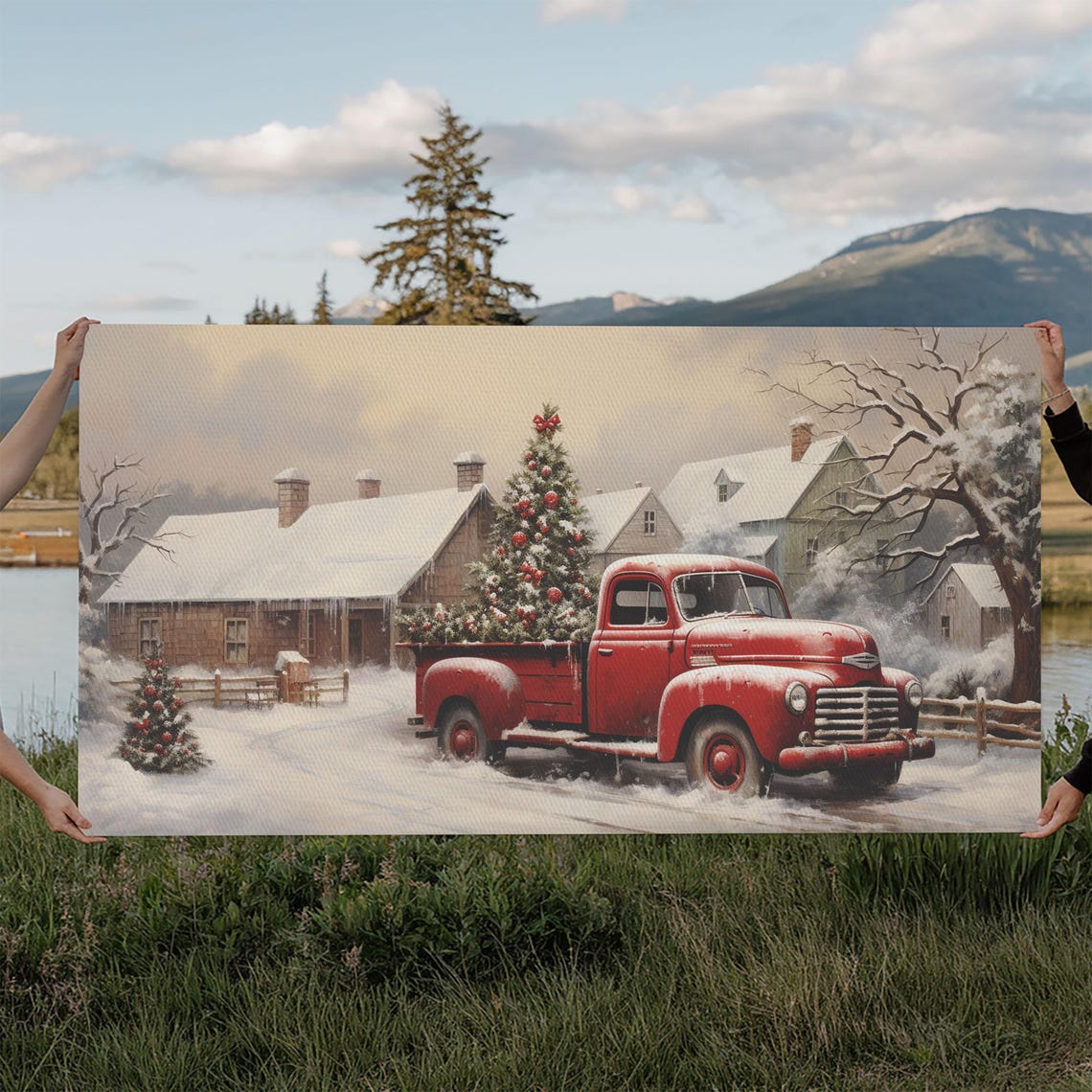 Retro Red Truck Delivering Christmas Tree To Barn In Snowfall Poster