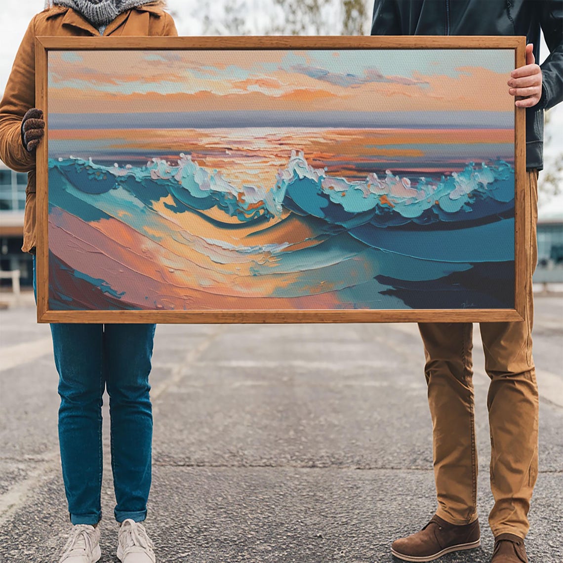 Ocean Sunset Waves Teal Foam Peach Sky Impasto Seascape Wall Poster - Image 3