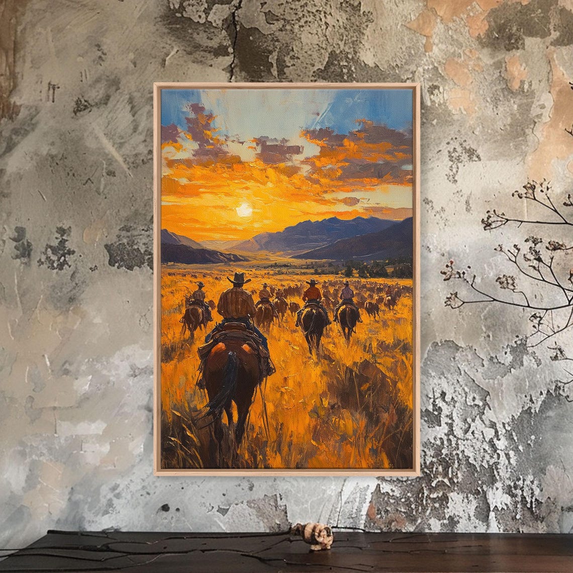 Cowboys Riding Cattle Drive At Golden Sunset Mountains Poster - Image 5