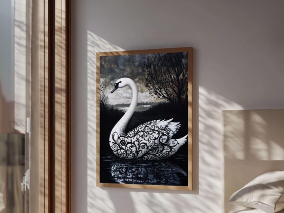 Elegant Gothic Black And White Swan Filigree Moody Lake Art Print