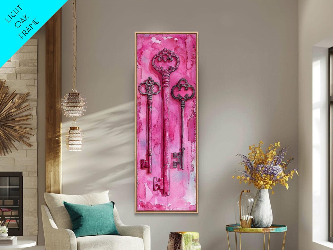 Antique Magenta Skeleton Keys Pink Watercolor Whimsical Wall Poster - Image 2
