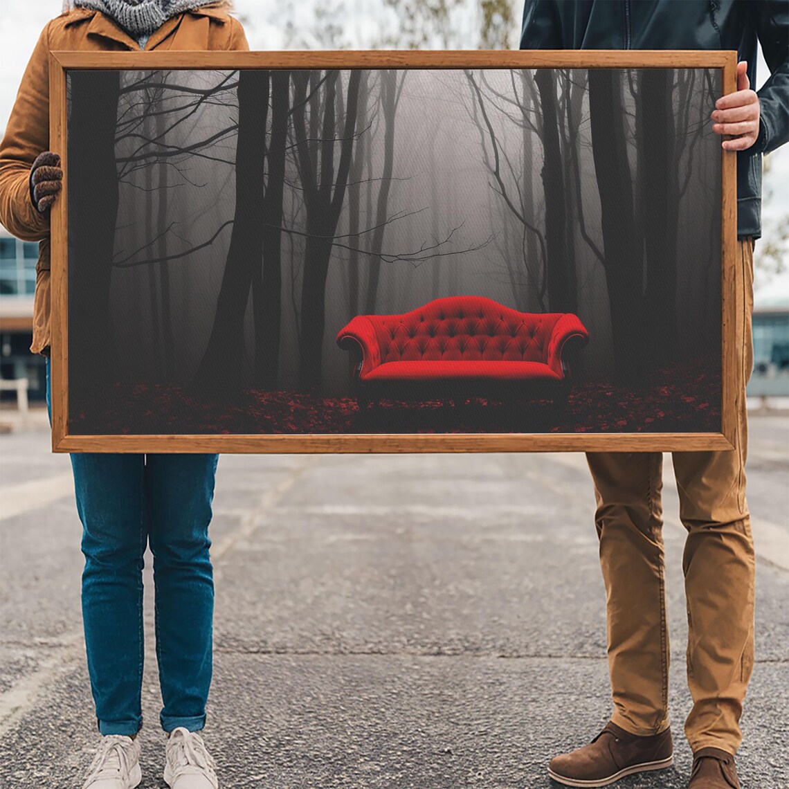 Red Velvet Sofa In Dark Foggy Forest Surreal Gothic Mystery Wall Art Poster - Image 3