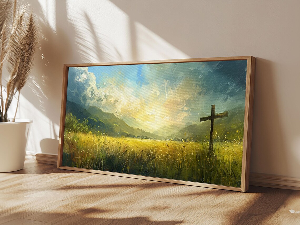 Cross In Golden Field Sunrise Grass Christian Faith Landscape Wall Art Poster - Image 5