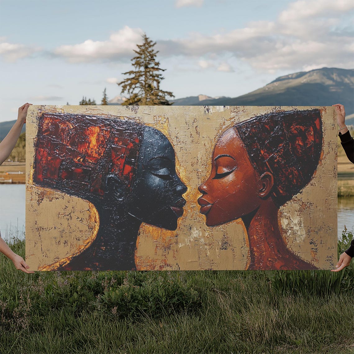 Two African Women Faces Gold Copper Textured Painting Art Poster - Image 2
