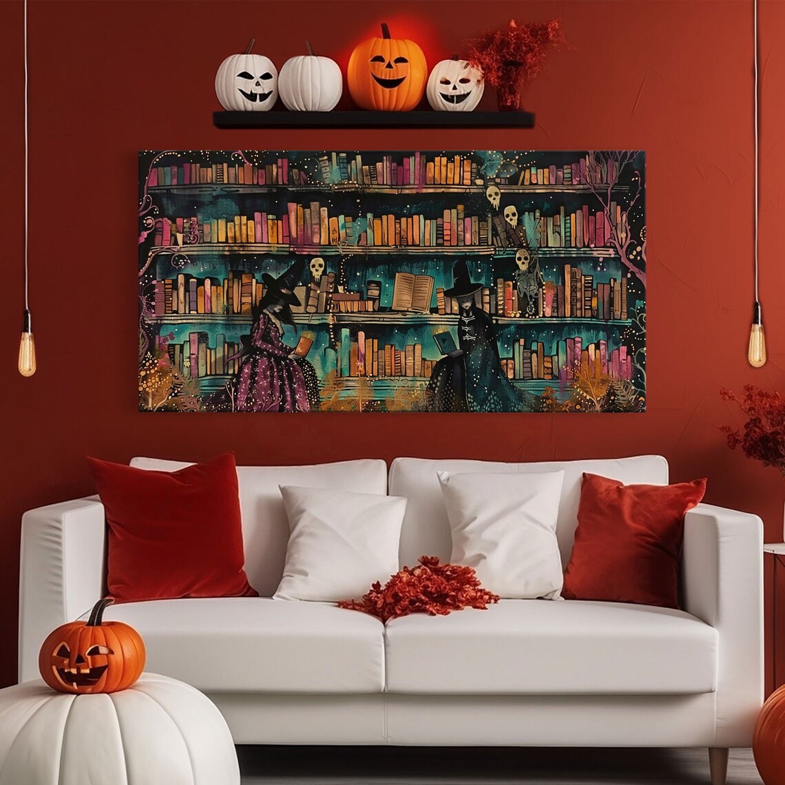 Witch Library Two Witches Colorful Bookshelves Skulls Spooky Halloween Print - Image 6
