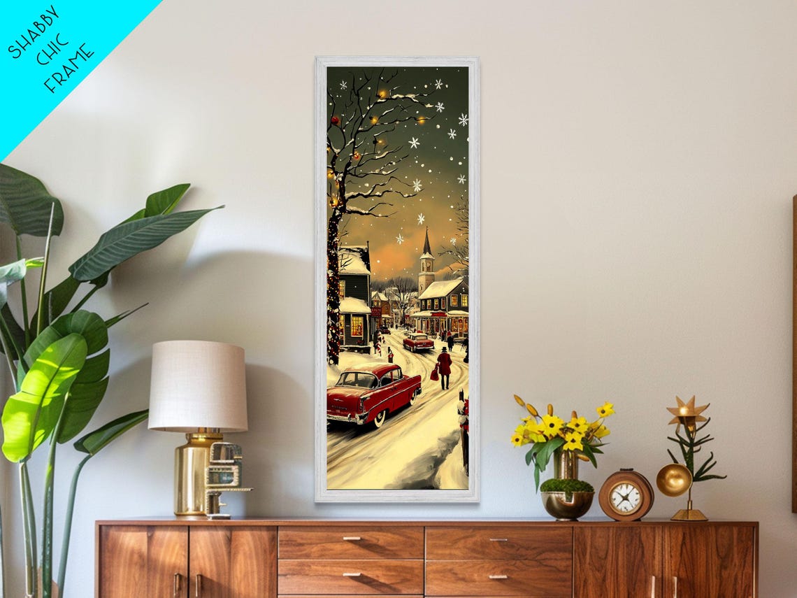Snowy Village At Night With Classic Red Car And Church Steeple Poster