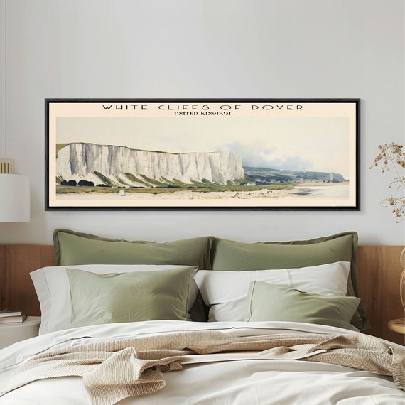 White Cliffs Of Dover Travel Art Framed Print England Home Decor Travel Poster Vintage Wall Art Panoramic Watercolor Painting