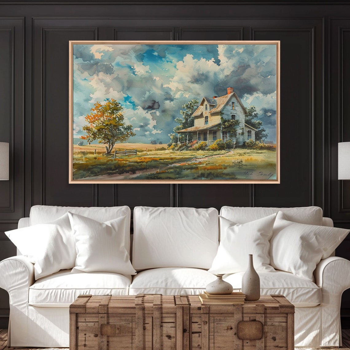 Farmhouse Under Dramatic Clouds Watercolor Autumn Tree Field Poster - Image 2