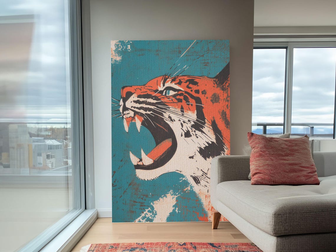 Roaring Tiger Head Bold Orange and Teal Japanese Pop Art Animal Poster - Image 6