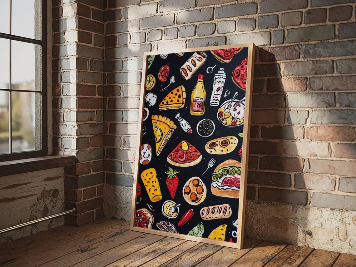 Fun Food Doodle Pattern Pizza Burger Tacos Black Kitchen Poster