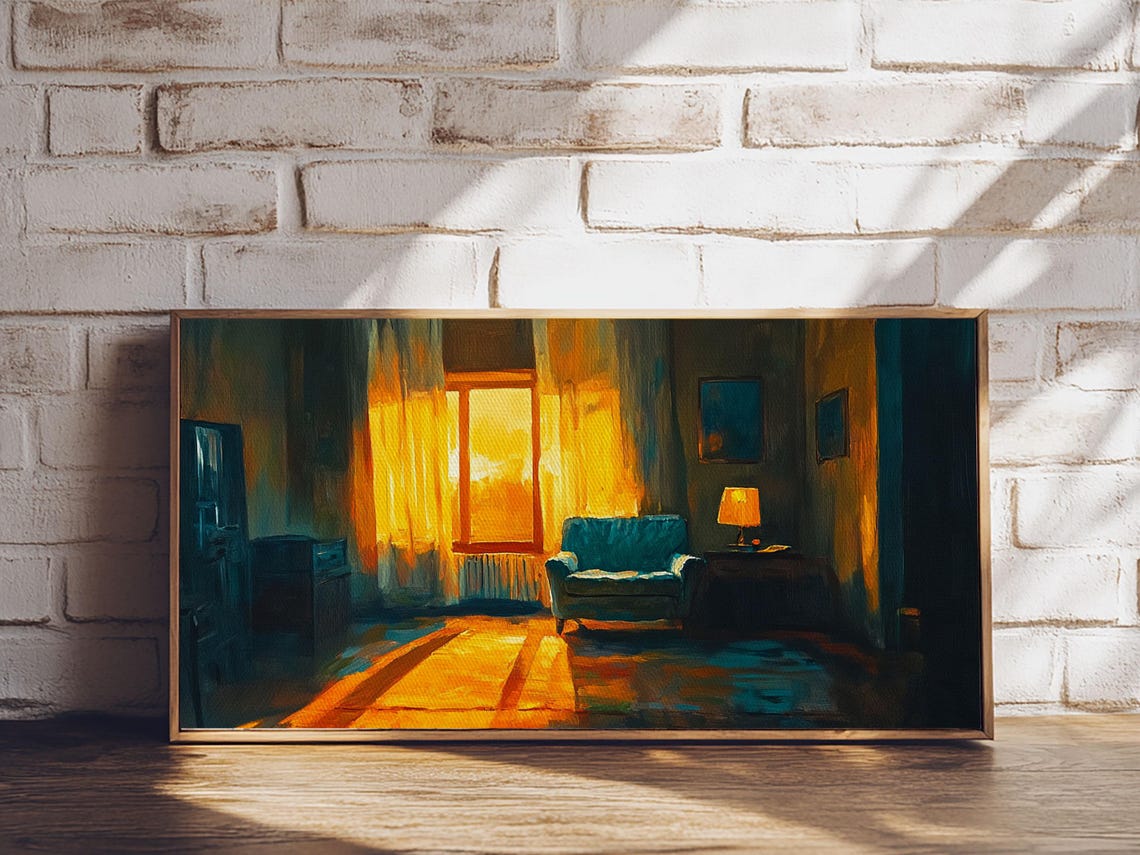 Golden Sunset Window Interior Teal Armchair Warm Lamp Glow Art Poster - Image 2