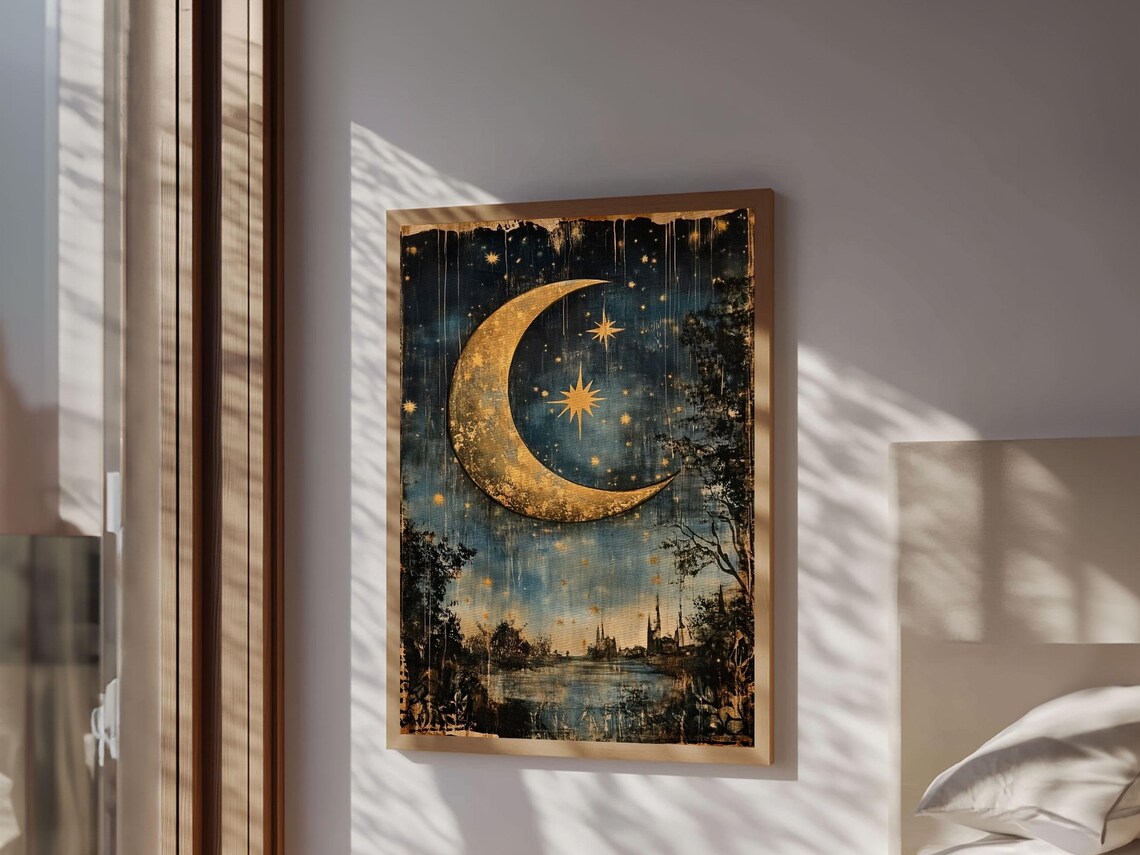Crescent Moon Starry Night Folk Art Boho Eclectic Poster