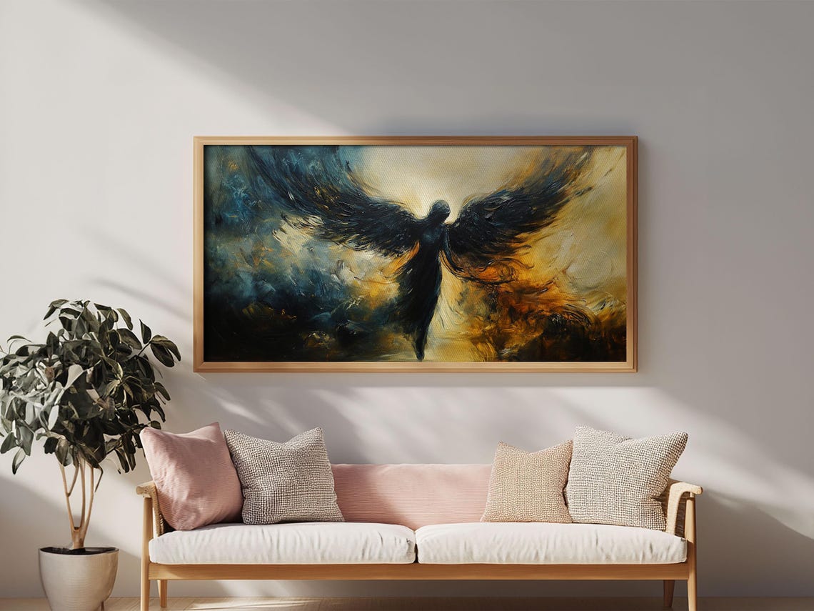 Dark Angel Black Wings Rising Golden Clouds Gothic Fantasy Art Poster - Image 2