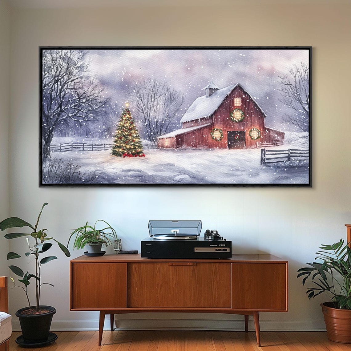 Red Barn Christmas Tree Falling Snow Glowing Holiday Farm Art Print - Image 3