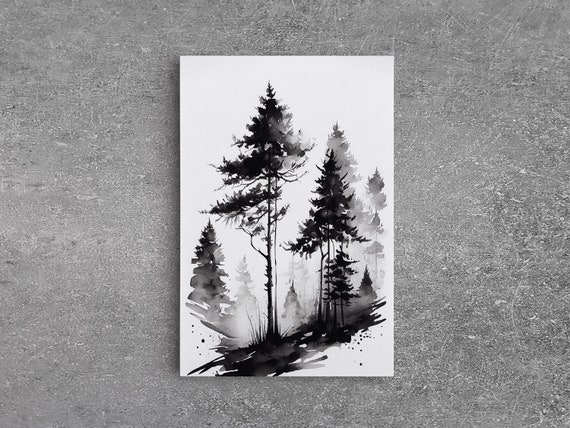 Black and White Pine Tree Forest Watercolor Art Print