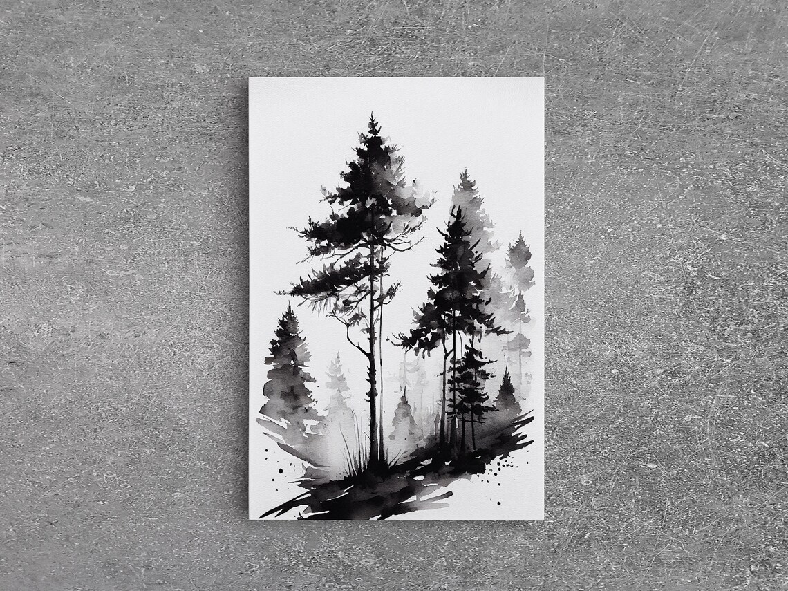 Black and White Pine Tree Forest Watercolor Art Print