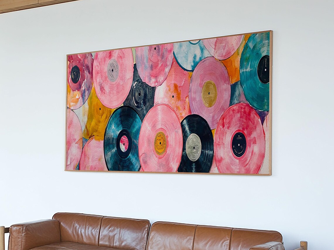 Colorful Vinyl Records Wide Horizontal Retro Pink Teal Music Art Poster - Image 2
