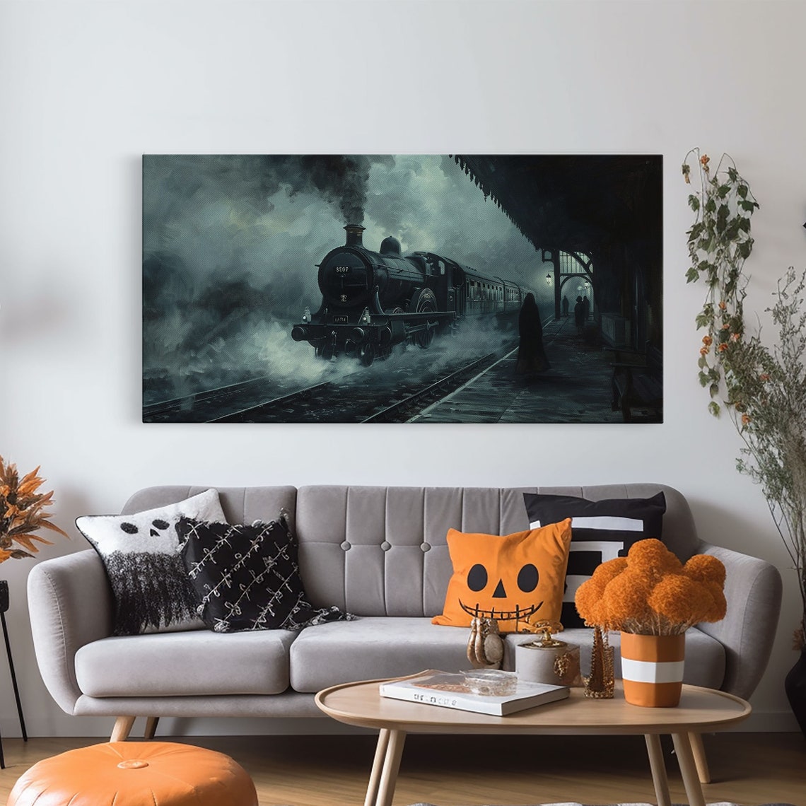 Haunted Steam Train Arriving At Dark Station Spooky Halloween Print - Image 6