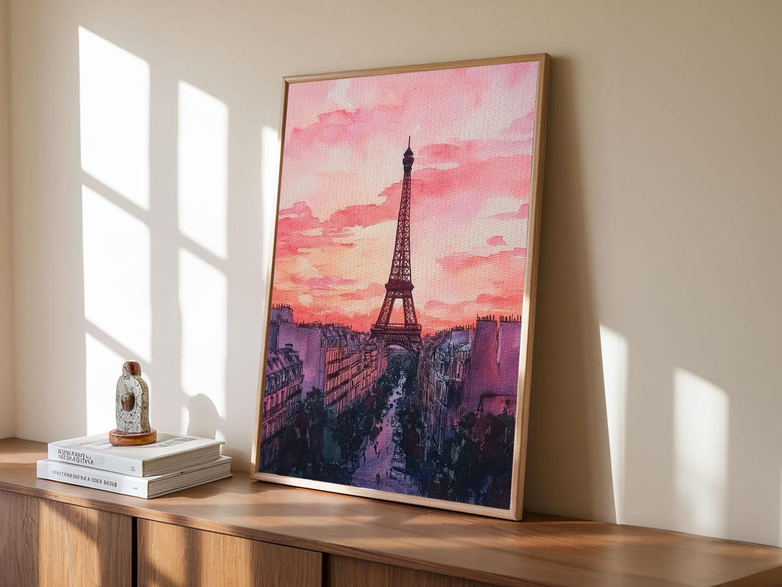 Eiffel Tower Sunset Paris Street Watercolor Romantic Skyline Poster - Image 4