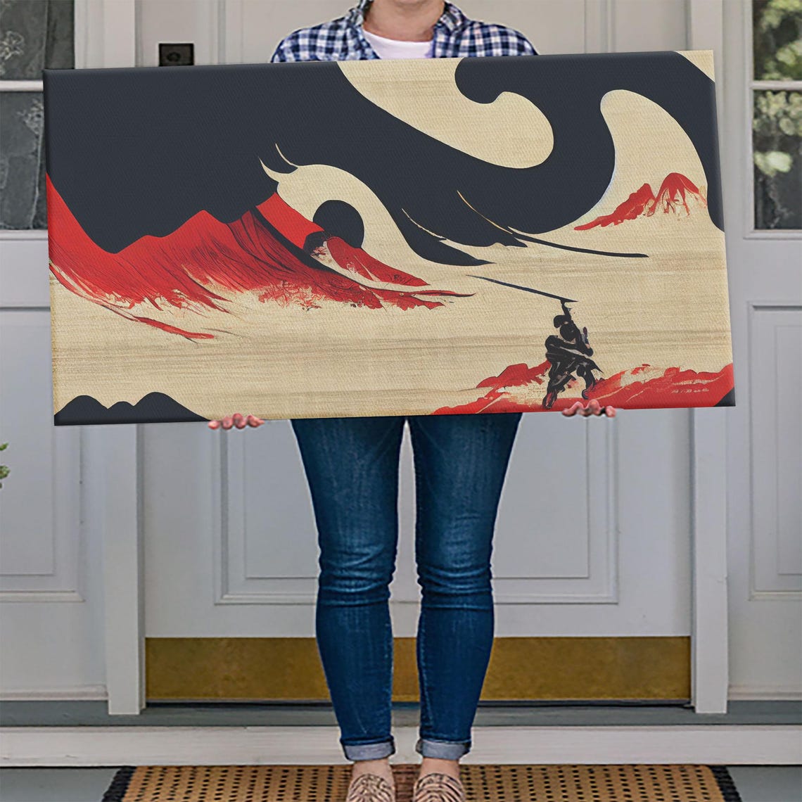 Japanese Samurai Fighting Giant Wave Under Red Sun Style Art Poster - Image 4