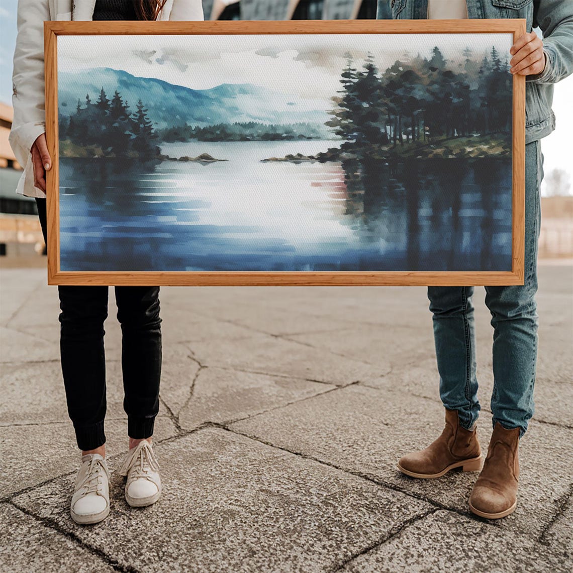 Subdued Lake Watercolor Pine Islands Misty Mountains Serene Wall Print - Image 5