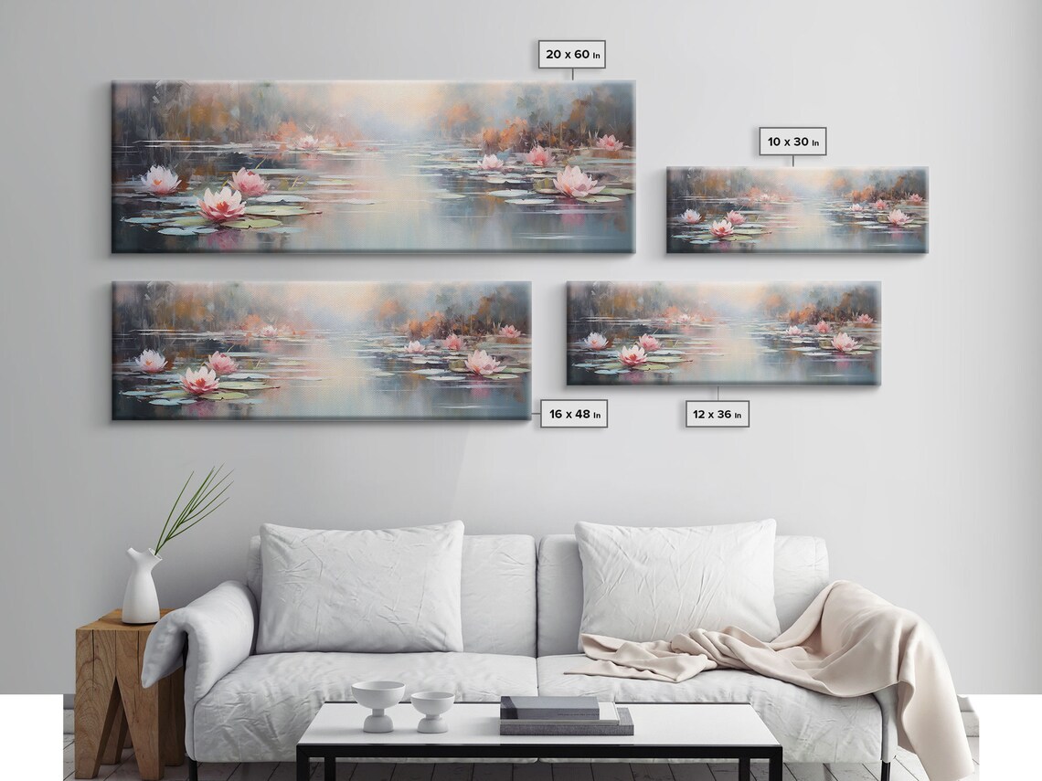 Pink Water Lilies Misty Pond Serene Floral Impressionist Flower Wall Art - Image 2