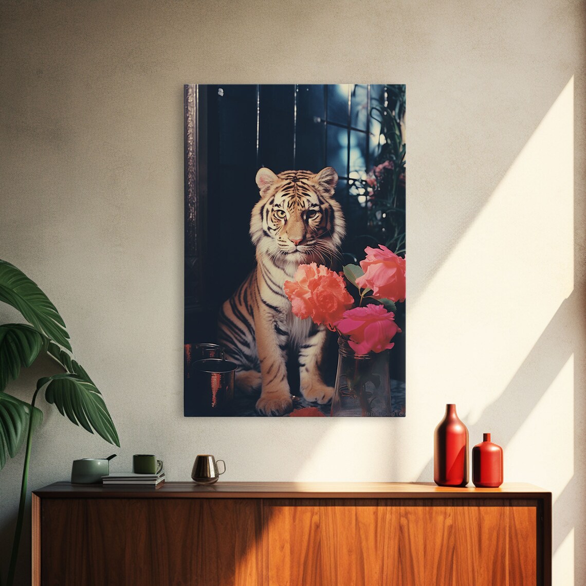 Adorable Tiger Cub With Pink Roses Moody Floral Photography Poster - Image 4