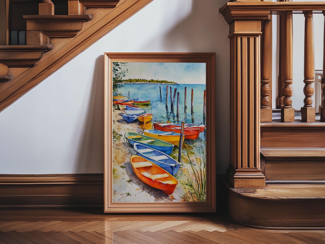 Colorful Rowboats Shore Watercolor Pilings Boats Coastal Harbor Art Poster