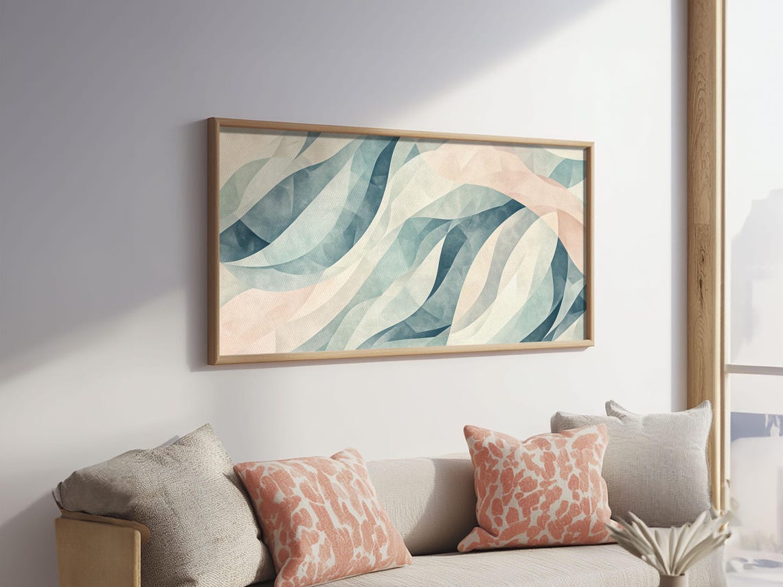 Pastel Blue Pink Abstract Flowing Ribbon Curves Modern Print - Image 4