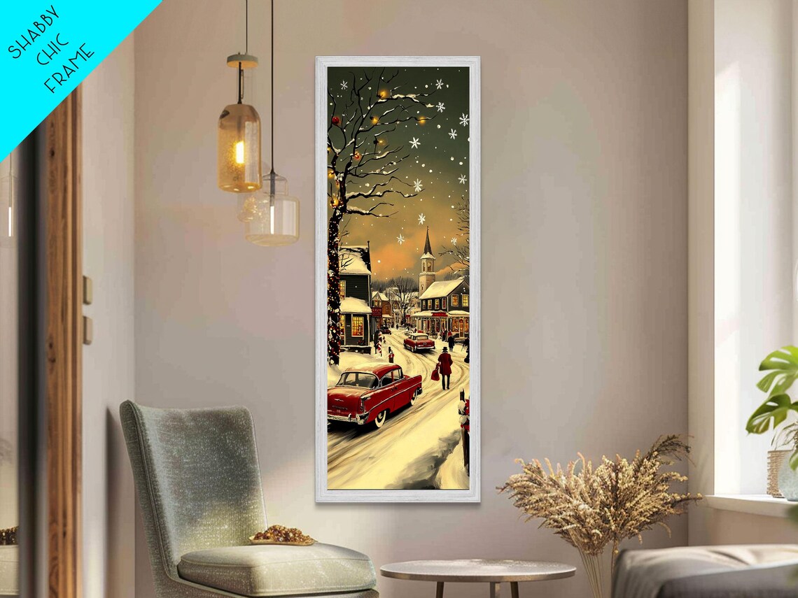 Snowy Village At Night With Classic Red Car And Church Steeple Poster - Image 4