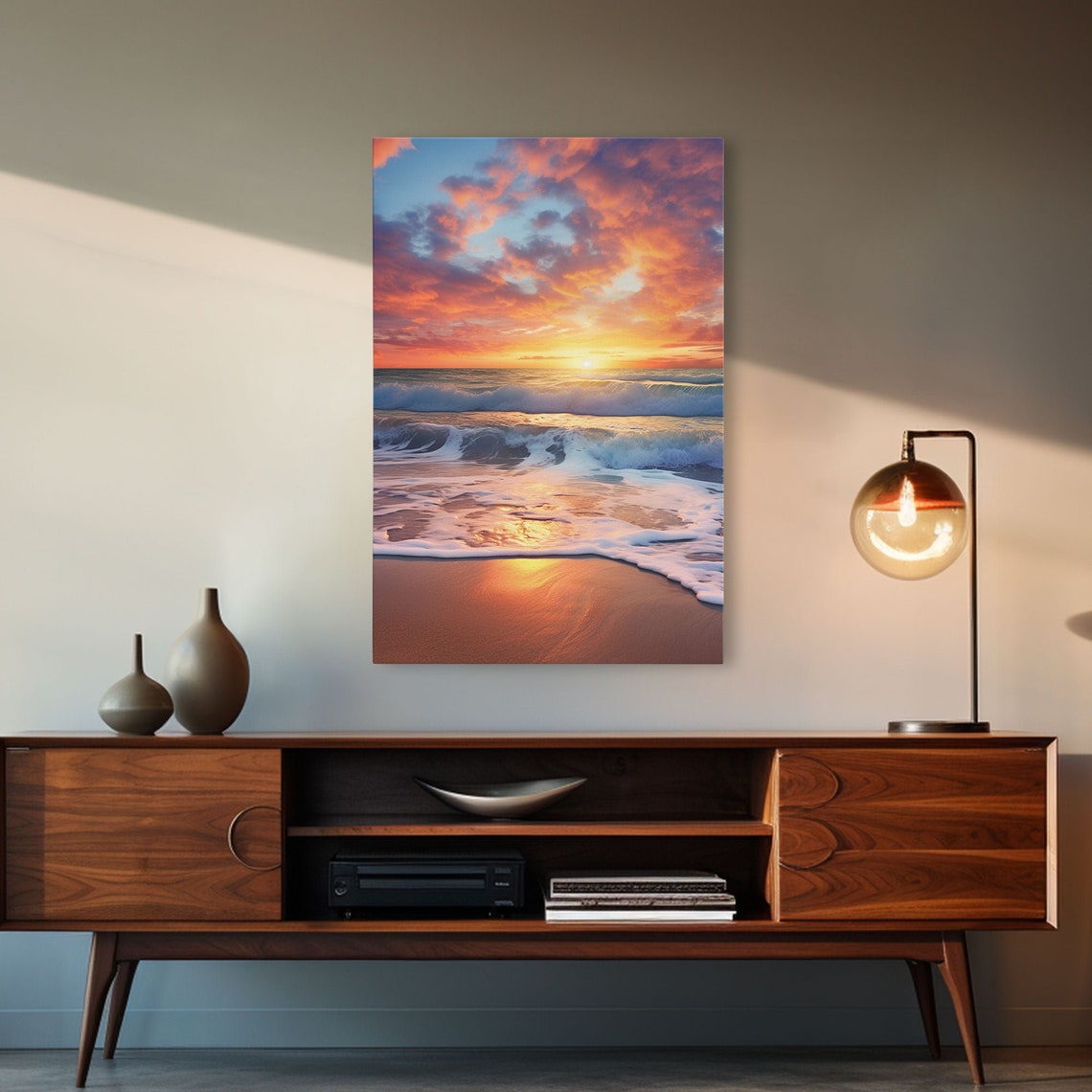 Beach Sunset Waves Foamy Shore Pink Clouds Relaxing Seaside Art Poster - Image 3