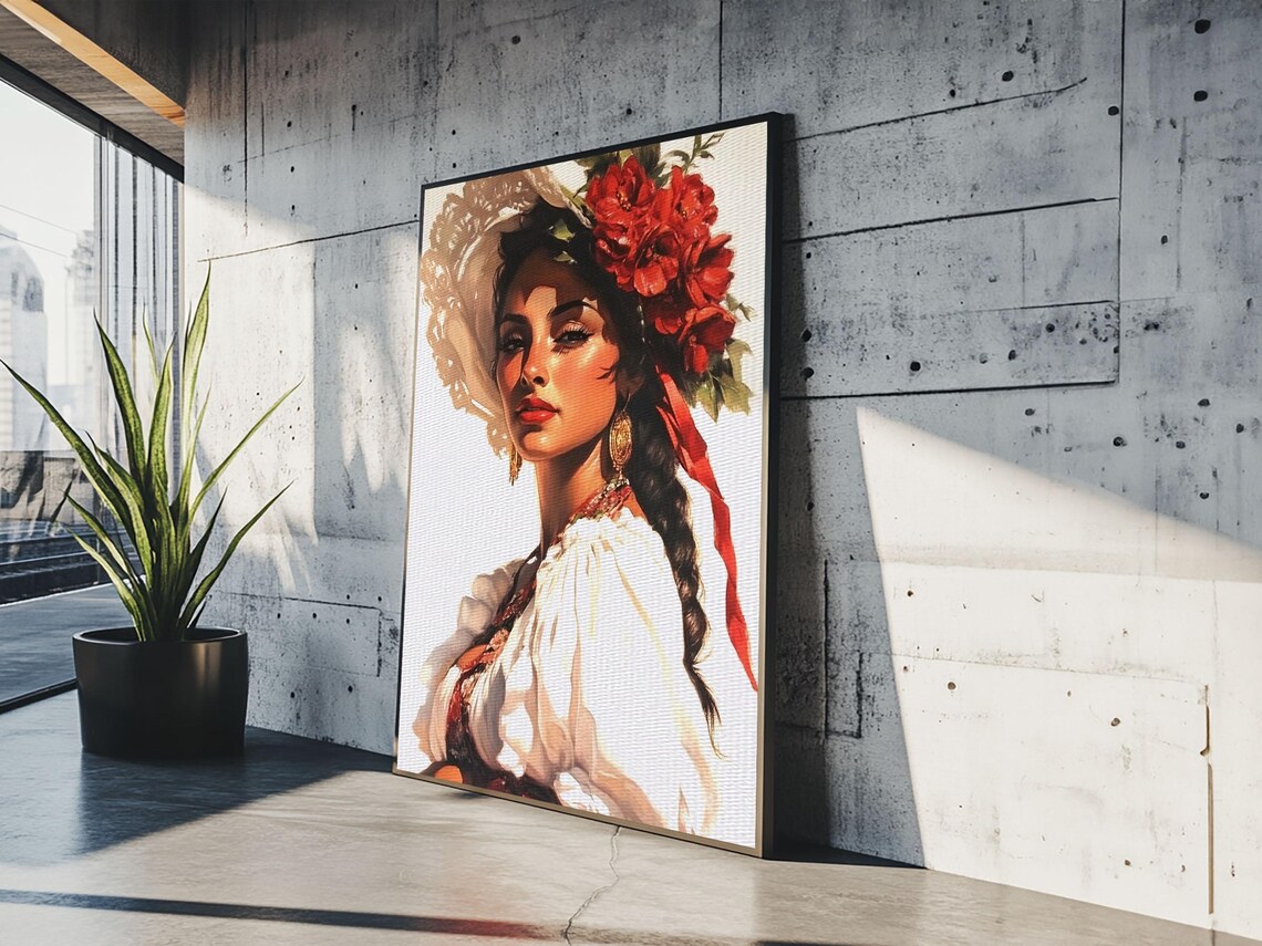 Latina Woman Portrait With Red Flowers In Hair Maximalist Wall Art - Image 6
