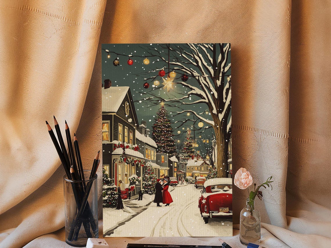 Vintage Christmas Village Street Snowy Night Ornament Light Poster - Image 4